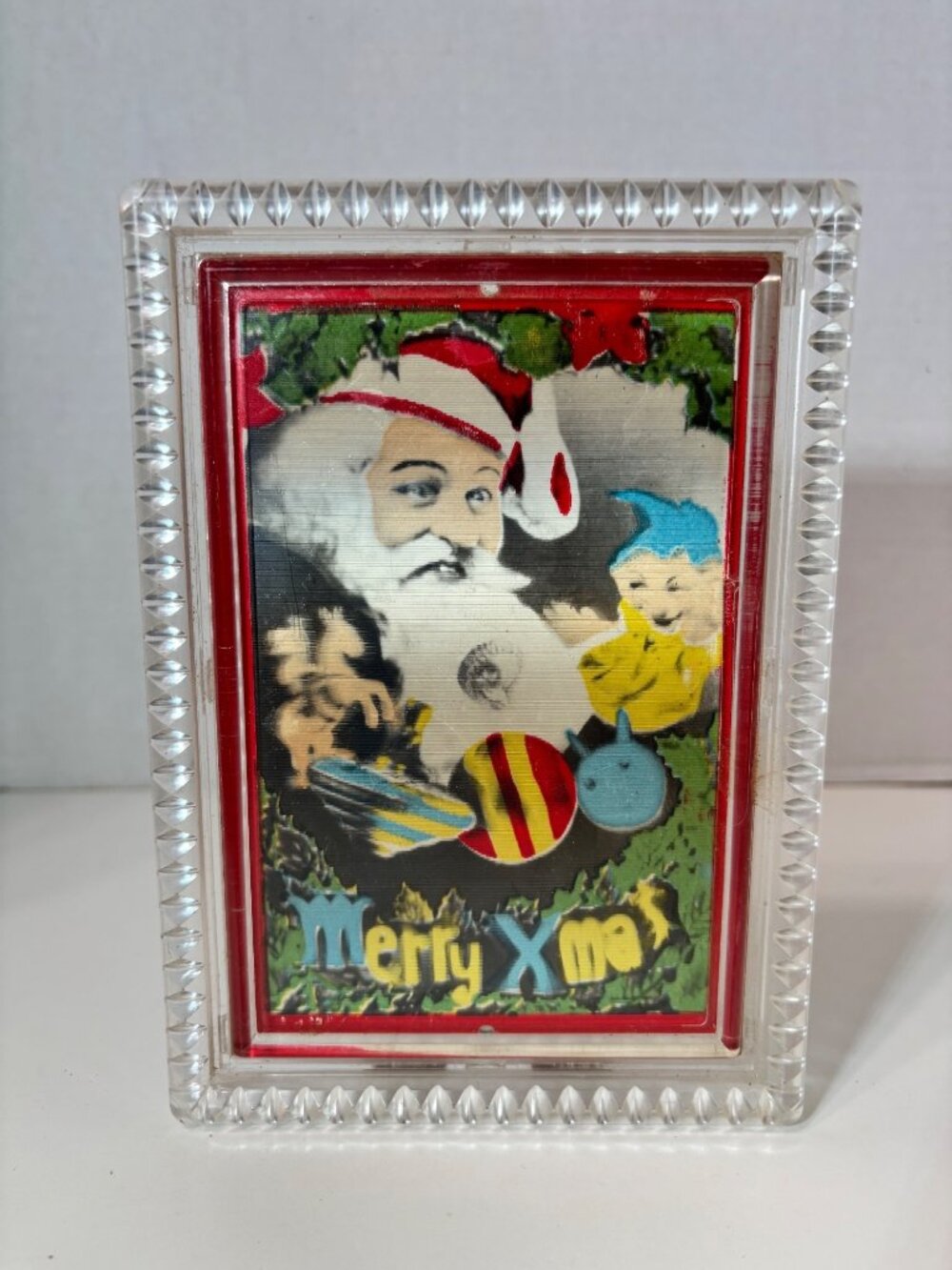 Vintage Lenticular Santa Claus Picture Moving Flicker Merry Xmas Frame MCM 50s 6